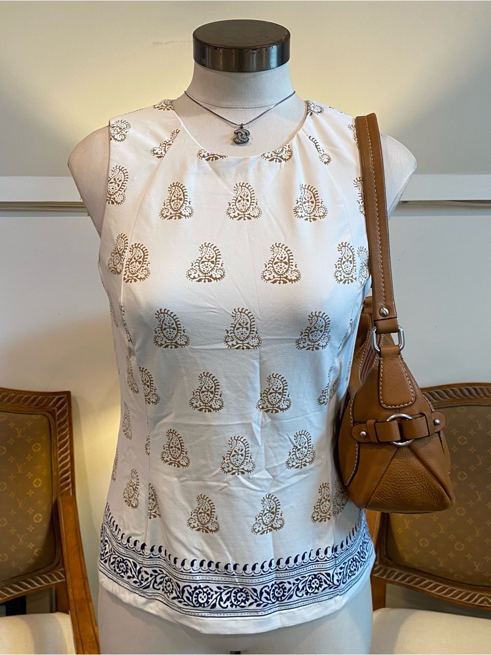 J. McLaughlin White Tank Top with Tan Motif and Navy Border, Women's XS
